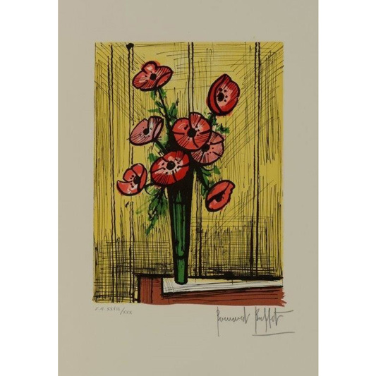 Bouquet de fleurs rouges fond jaune - BERNARD BUFFET - Galeries Bartoux