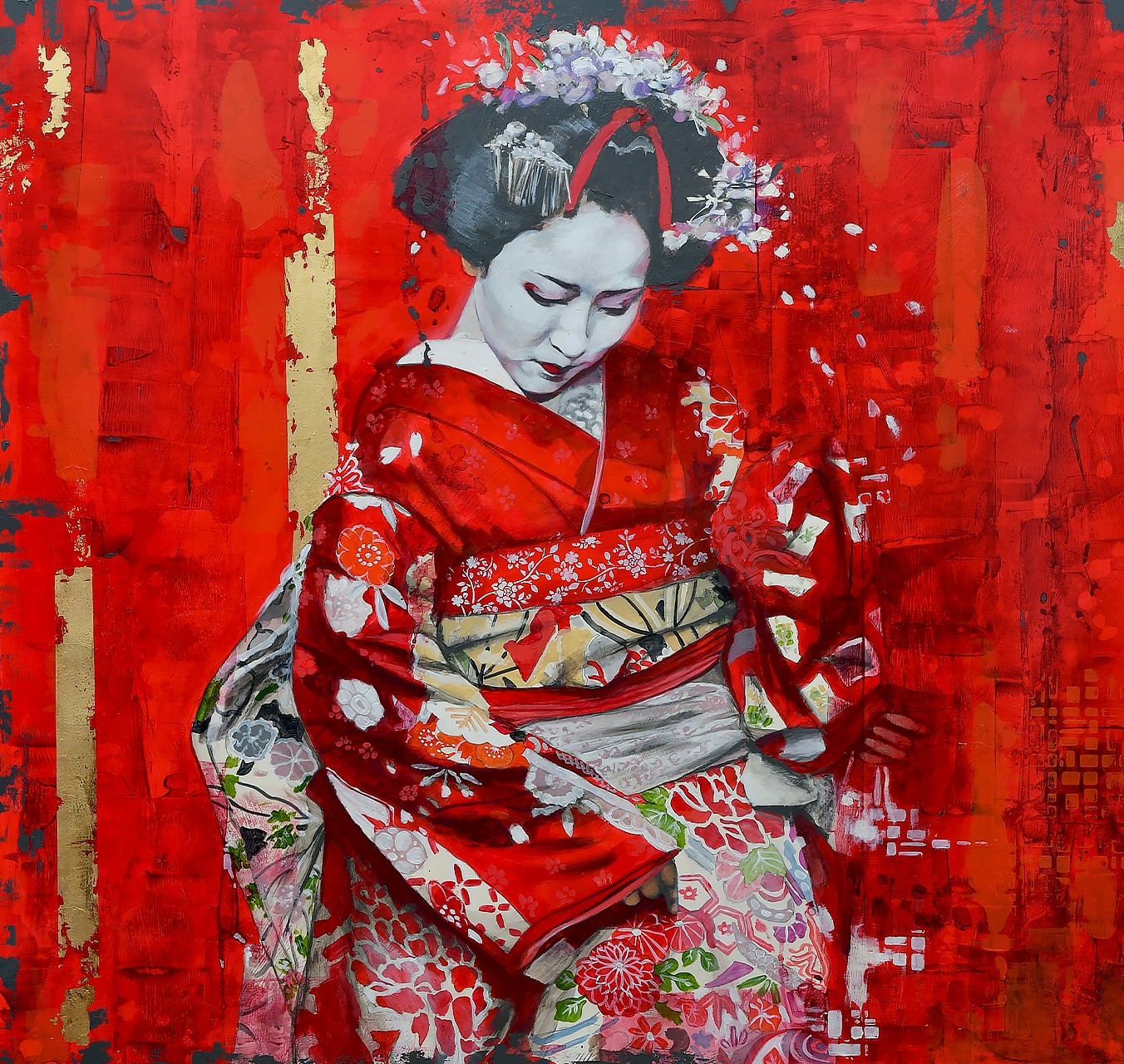 RED KIMONO - 130x130 cm - TOM PORTA - Galeries Bartoux